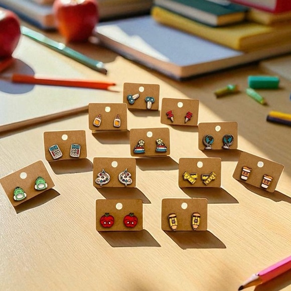 Handmade Back-to-School Wooden Stud Earrings – Multiple Designs - Picture 2 of 16
